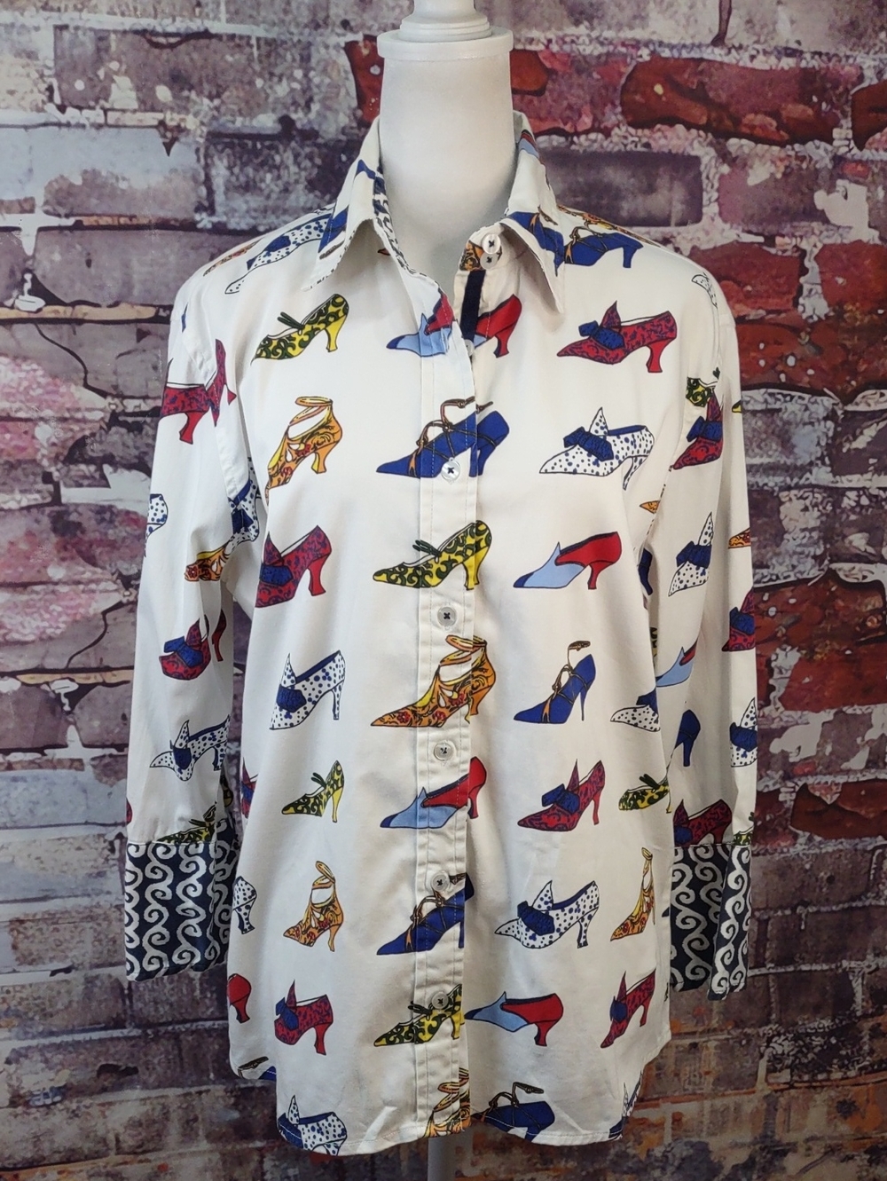 Tizzie Button-Down Shirt with Multicolor High-Heel Shoe Print